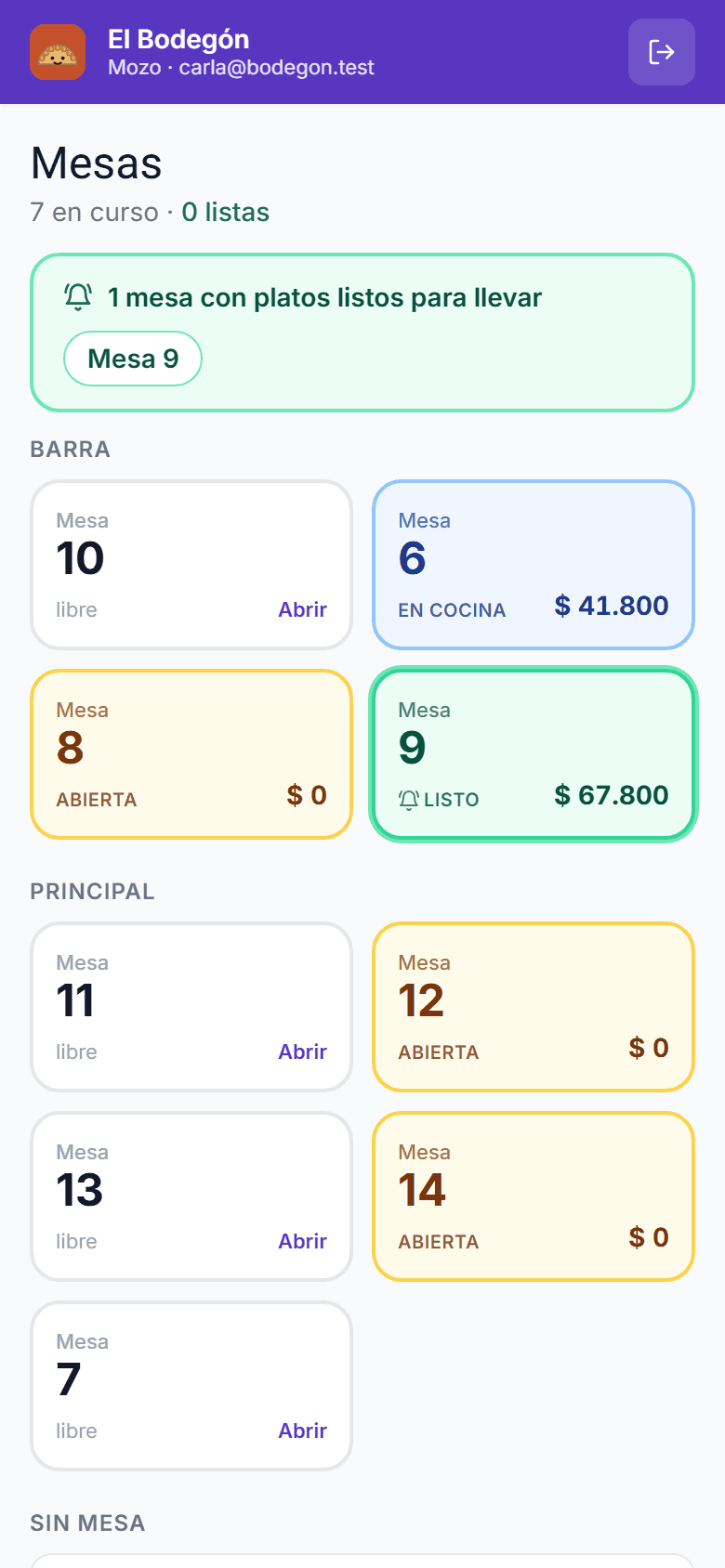 App del mozo: piso de mesas con estados y aviso de platos listos